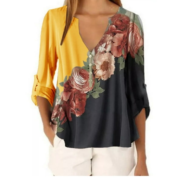 Plus Size Womens Boho Floral Long Sleeve Blouse Loose Tops Casual Baggy T Shirt